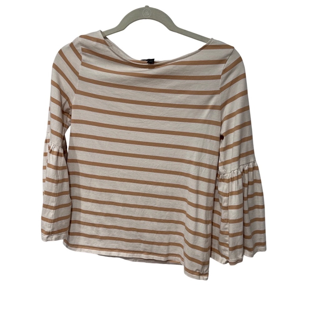 Banana Republic Woman's Size XS Tan White Striped 3/4 Bell Sleeve Boat Neck Top